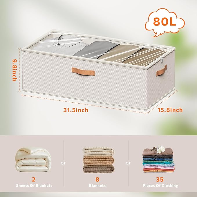 2 Pack Under Bed Storage Containers, 10 Inch Tall Underbed Clothes Storage Organizer Bin with Clear Window，Foldable Box Basket for Clothes, Closet, Bed Sheets and Blankets White