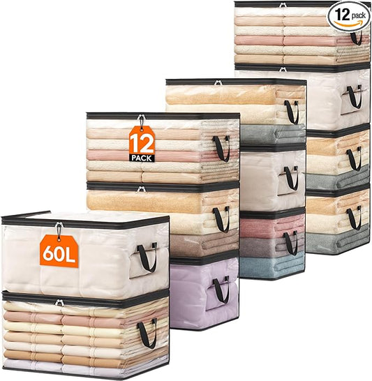 Lifewit 12 Pack Clear Clothes Storage Bags, 60L Plastic Blanket Vinyl Foldable Moving Bags with Zipper, Closet Organizers and Storage Containers for Bedding, Duvet, Pillow
