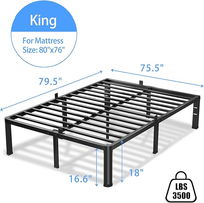 VIPSHOW 18 Inch King Size Bed Frame, 3500Lbs Heavy Duty Metal Platform with Round Corner Legs Mattress Slide Stopper, Steel Slat Support No Box Spring Needed, Noise Free, Non-Slip, Easy Assembly