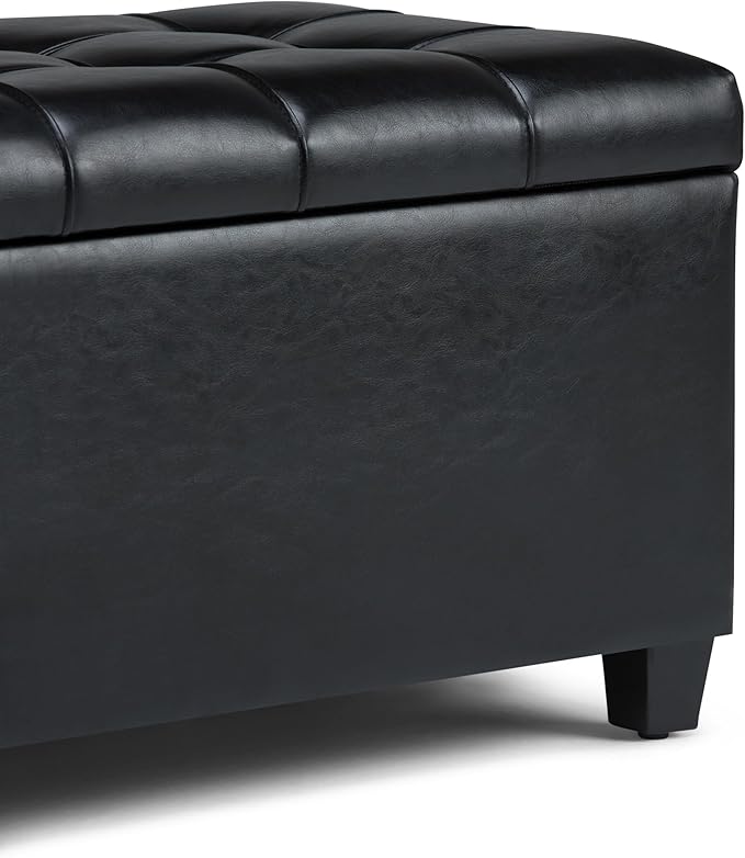 SIMPLIHOME Sienna Storage Ottoman Bench - 33 inch Wide Upholstered Vegan Leather Rectangle Storage Ottoman Bench in Satin Cream, Transitional Tufted Ottoman for Living Room or Entryway with Lift Top
