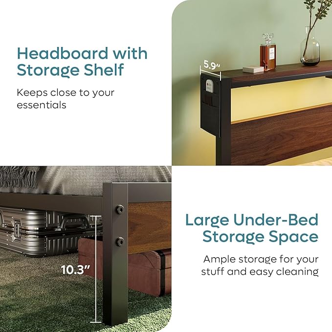 Bestier King Size Bed Frame with Headboard and Charging Station,Platform King Bed Frame with LED Light, Non-Slip Metal Bed Frame, Noise-Free, Easy Assembly,Walnut