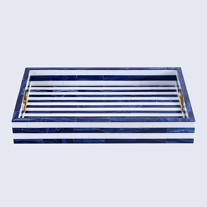 Handicrafts Home Blue White Striped Decorative Tray, Optique Madrid Collection, Rectangular Serving Tray with Handles, Modern Coffee Table Ottoman Tray, Resin Brass Inlay Handmade Hostess Tray 17x11