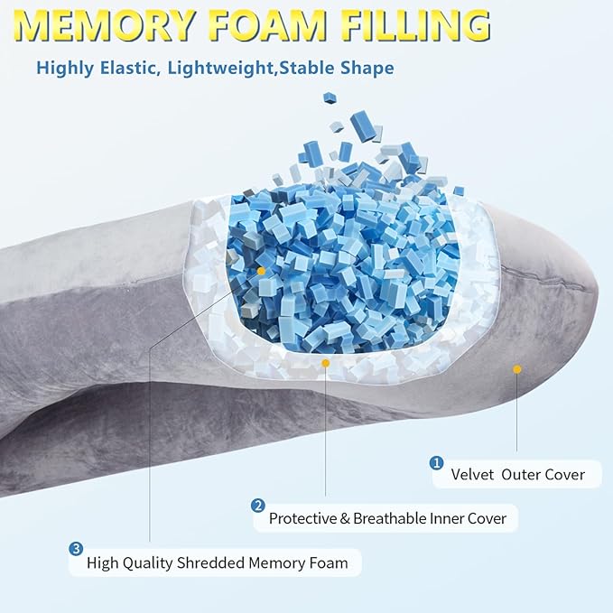 Shredded Memory Foam Body Pillow, Pregnancy Pillows for Sleeping, Maternity Pillow for Pregnant Women, Memory Foam Filling U Shaped Body Pillow with Velvet Cover (Purple, 60 inch)