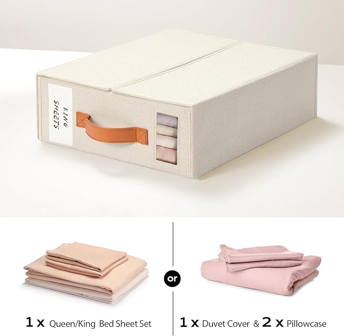 Yecaye 4 Pack Bed Sheet Organizer, Foldable Linen Closet Organizers and Storage (Queen & King Size) with Window & Label, Bedding Storage Box for Bedsheets, Duvet Covers and Pillow, Beige