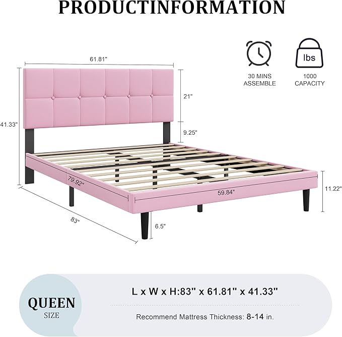 Queen Bed Frame, Velvet-Upholstered Platform Bed Frame with Tufted Button Headboard, Sturdy Slatted Mattress Base, No Spring Mattress Required, Easy to Assemble, Pink