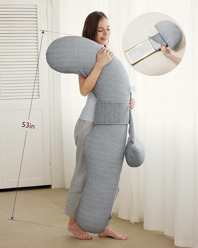 Momcozy Pregnancy Pillow,Original F Shaped Maternity Pillow for Pregnant Women with Adjustable Wedge Pillow, Full Body Support Pregnancy Pillows for Side Sleeping with Velvet Cover, Light Grey