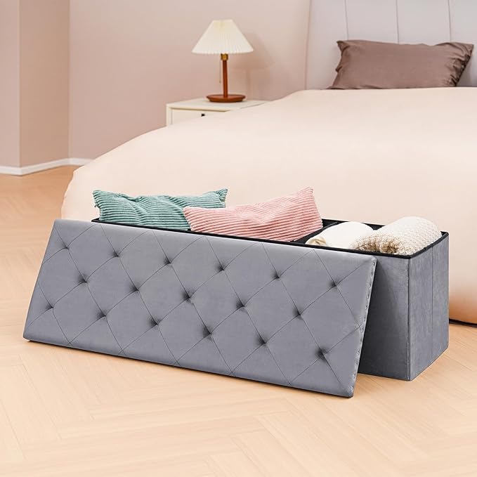 PINPLUS Storage Ottoman Bench with Benches Foot Rest Stool, Large Long Folding Velvet Shoes Chest for Bedroom, Living Room,（Grey） 43.3"x15.7"x15.7"