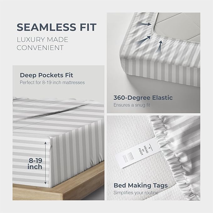 THREAD SPREAD 100% Egyptian Cotton Damask Sheets Queen Size - Luxury 1500 Series Queen Sheet Set Egyptian Cotton (4 PC, White Stripe), Silky Soft, Sateen, Cooling & Breathable, 17" Deep Pocket Bed Set