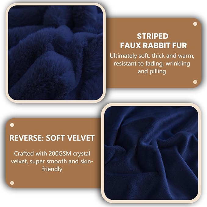 MEGO Luxury Faux Rabbit Fur Body Pillow Cover Blue, Fluffy Furry Fuzzy Striped 20x54 Bed Pillowcase, Comfy Plush Ribbed Bedroom Long Pillow Case with Zipper for Pregnant Women Side Sleeper, Navy Blue
