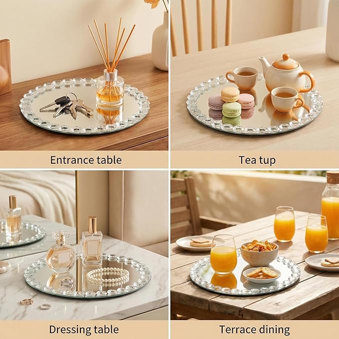 Round 12-Inch Crystal Bead Mirror Tray – Vanity Organizer, Perfume & Jewelry Display, Decorative Silver Tray for Bathroom, Dresser, Coffee Table, Living Room, Office & Hotel Banquet