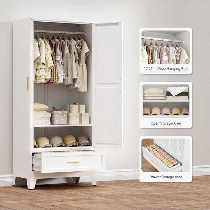 COFaR Metal Wardrobe Closet with Doors, 71'' Tall Farmhouse Bedroom Armoires with Drawer and Hanging Rod, Freestanding Steel Wardrobe Cabinet Coat Closet for Bedroom Home Office, White