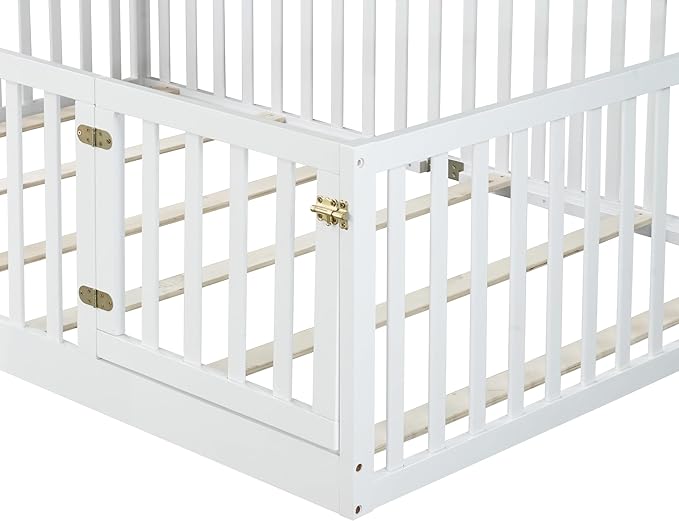 Bellemave Full Size Montessori Floor Bed with 21.5" High Rails, Rubber Wood Full Floor Bed with Slats and Door, White