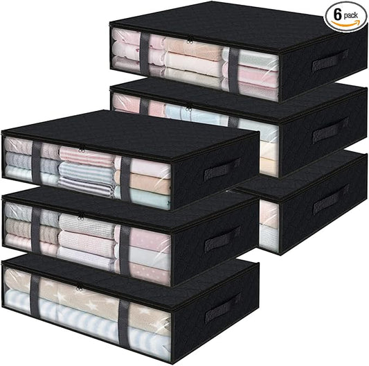 StorageRight Under Bed Storage Bags 6 Pack, 40L Large Clothes & Comforter Storage Containers with Clear Window, Breathable Fabric Organizer for Blankets, Bedding, Seasonal Clothing, Black