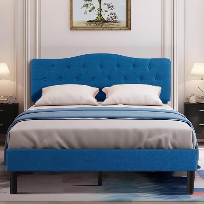 VECELO Queen Size Platform Bed Frame with Fabric Upholstered Headboard and Wooden Slats Support, No Box Spring Needed/Easy Assembly,Blue