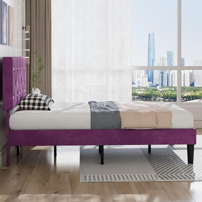 VECELO Twin Size Bed Frame, Upholstered Platform with Adjustable Diamond Tufted Headboard, Wood Slat Support, No Box Spring Needed, Purple
