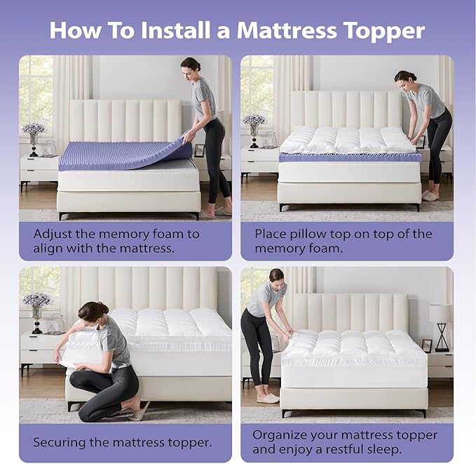 downluxe 4 Inch Queen Memory Foam Mattress Topper Pro Dual Layer 2 Inch Cooling Gel Egg Crate Memory Foam Plus 2 Inch Pillow Top Soft with Deep Pocket
