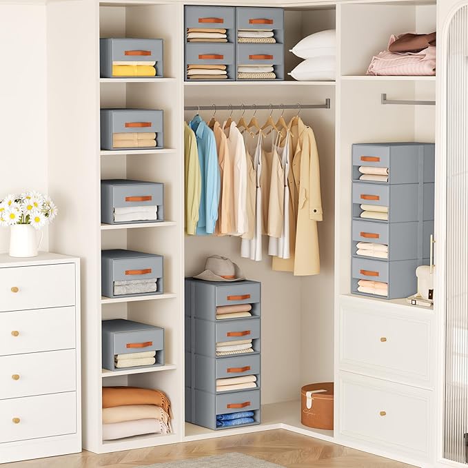 DIMJ Closet Organizers and Storage - Fabric Storage Bins with Drawers for Closet Clothes Organizers with Clear Window, Stackable Storage Drawers Units for Bedroom, Living Room, 4 Pack, Grey