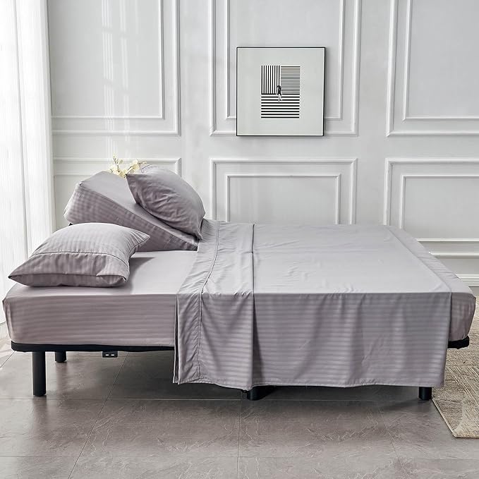 Kingnex Striped Split Top California King Sheets Sets for Adjustable Bed 4 Pieces Include 1 Flex Head Fitted Cal King Sheet 1 Flat Sheet 2 King Size Pillowcases Grey