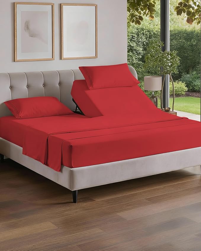 Flex Top Split Head King 4 Piece Sheet Set - Ultra-Soft, Breathable & Cooling Bed Sheets Set - Hotel Luxury Bedding for Women & Men with Deep Pockets - Wrinkle Free & Fade Resistant - Oeko-Tex - Red