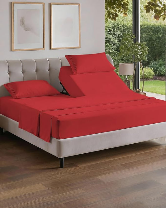 Flex Top Split Head King 4 Piece Sheet Set - Ultra-Soft, Breathable & Cooling Bed Sheets Set - Hotel Luxury Bedding for Women & Men with Deep Pockets - Wrinkle Free & Fade Resistant - Oeko-Tex - Red