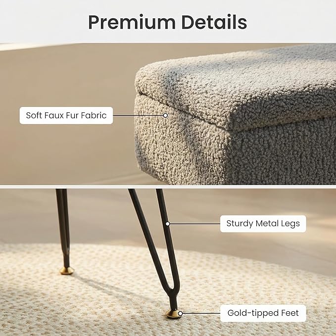 Vanity Stool Chair, Faux Teddy Fur Ottoman Foot Stool with Metal Legs & Adjustable Black Feet, Flip Top Storage Makeup Stool with Soft Padded Seat, Foot Rest for Makeup Room Bedroom, Gray