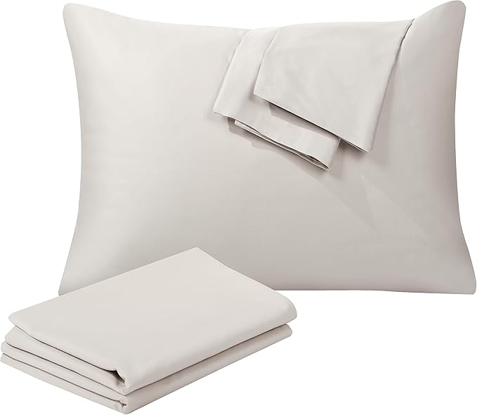 100% Egyptian Cotton Pillow Protectors Set of 2, 400 Thread Count Sateen Weave Cooling Pillowcase, Easy Care Zippered Style Pillow Covers (Light Beige, Standard)