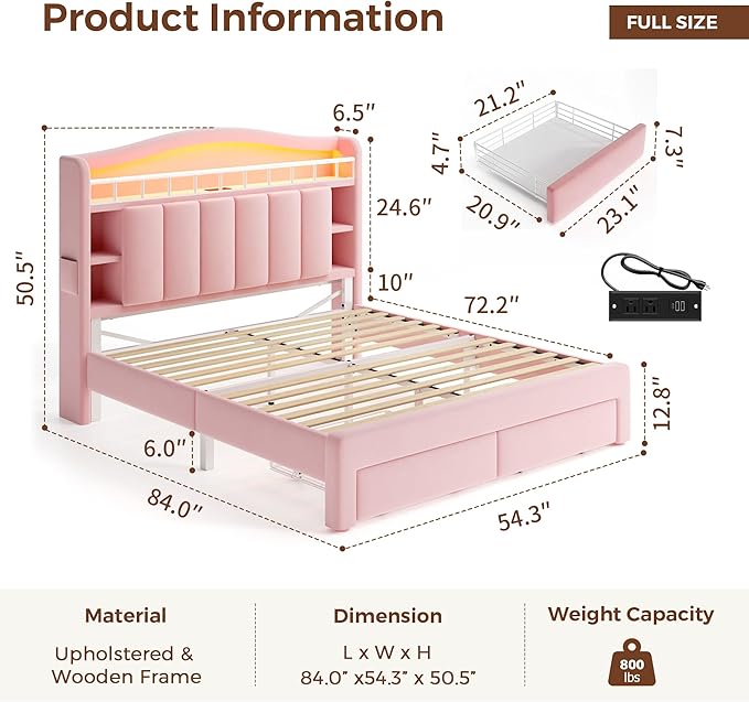 Full LED Bed Frame with Storage Headboard & 2 Storage Drawers, Princess Velvet Upholstered Bed with Vertical Tufted Headboard Design for Girls, USB & Type-C Charging Ports, Wooden Slats Support, Pink