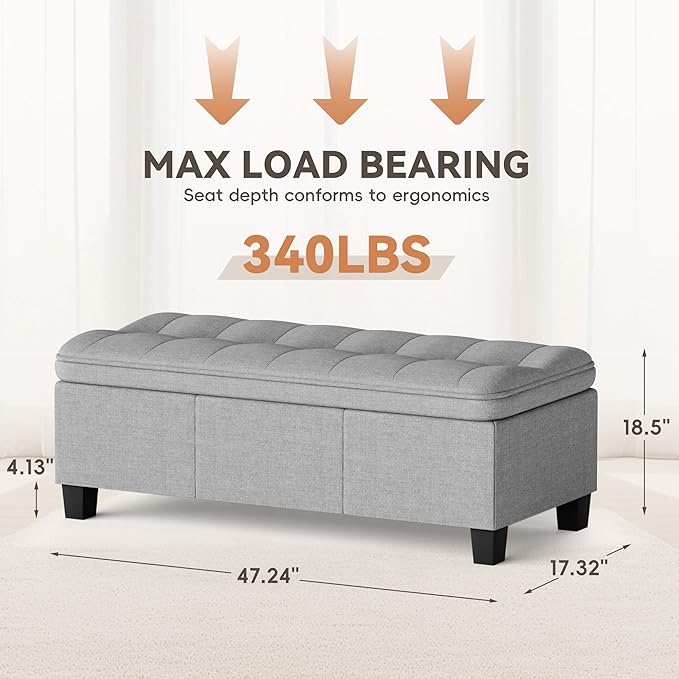 YESHOMY 47 Inches Ottoman with Storage, Storage Bench with Legs, Ottomans for Living Room, Entryway, Adjustable & Movable, Easy Assembly, Light Grey Linen