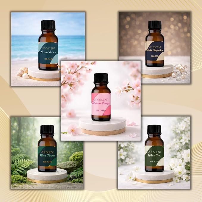 Luxury Hotel Collection Aroma Oils, White Tea Rain Forest Ocean Haven Blossom Breeze Hotel Signature Scents, 5 x 15ml Bottles for Home Office Spa Ambience, Premium Oil Diffuser Set