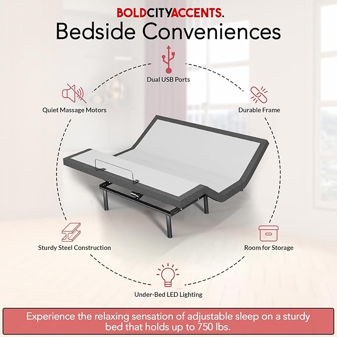 Adjustable Bed Frame with Wireless Remote - Comfortable Zero Gravity Massage with Head & Foot Incline, Dual USB Charge & Under-Bed Nightlights - Powder Coated Split King adjustable Base
