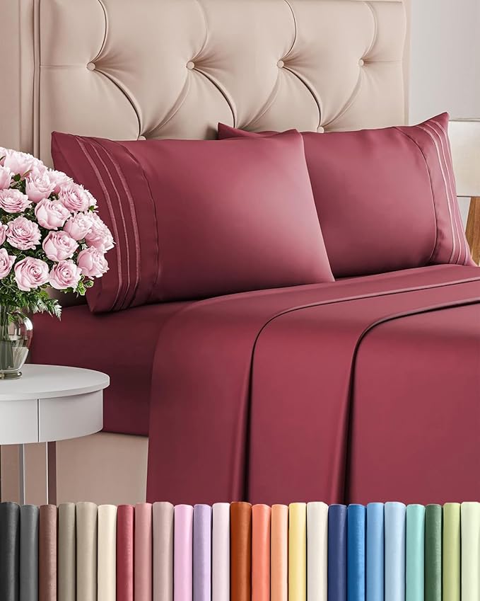 King Size 4 Piece Sheet Set - Comfy Breathable & Cooling Sheets - Hotel Luxury Bed Sheets for Women & Men - Deep Pockets, Easy-Fit, Extra Soft & Wrinkle Free Sheets - Burgundy Oeko-Tex Bed Sheet Set