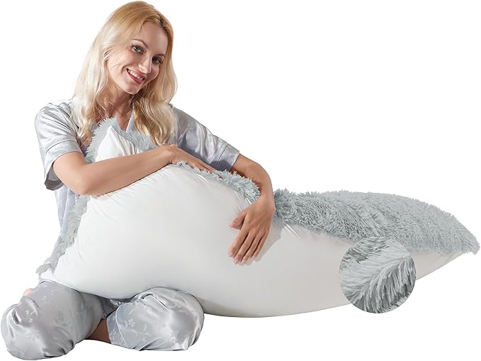 Fluffy Silk Full Body Pillow for Adults 20x54 Satin Body Pillow Cover Pillowcase with Memory Foam for bed Light Grey Pregnancy Cuddle Snuggles Body Pillows for Sleeping Side Sleeper Pillows for Adults