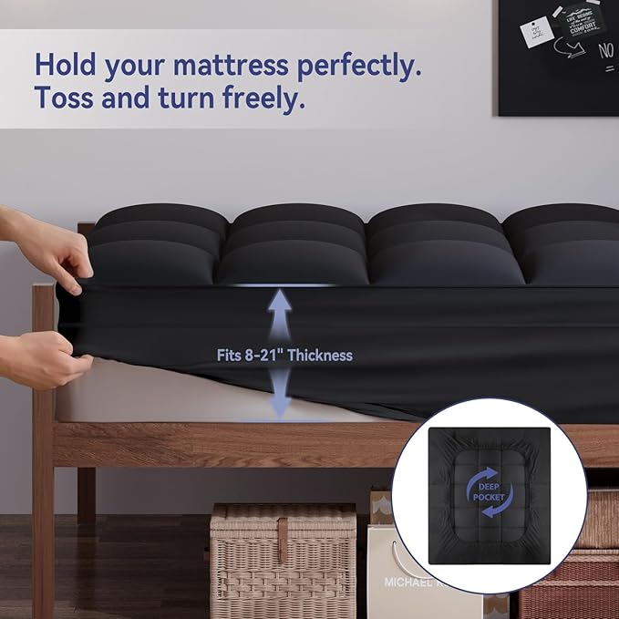 ELEMUSE Twin XL Black Mattress Topper for Dorm Bed, College Dorm Room Essentials for Girls&Guys, Soft Comfortable Bed Upgrade for Back to School, Apartment&Rental Use