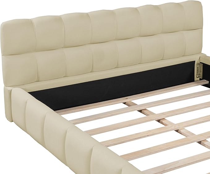 Merax Modern Queen Upholstered Bed Frame with Wingback, Linen Low Plattform Bed, No Box Spring Needed Beige