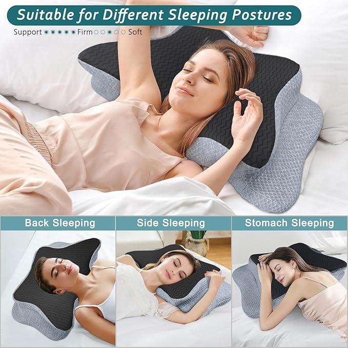 CHxxy Cervical Pillow for Neck Pain Relief, Memory Foam Pillows, Ergonomic Contour Bed Pillow, Soft for Side Sleep Stomach Sleeping and Back Sleepers-Queen Size Black&Dark Grey