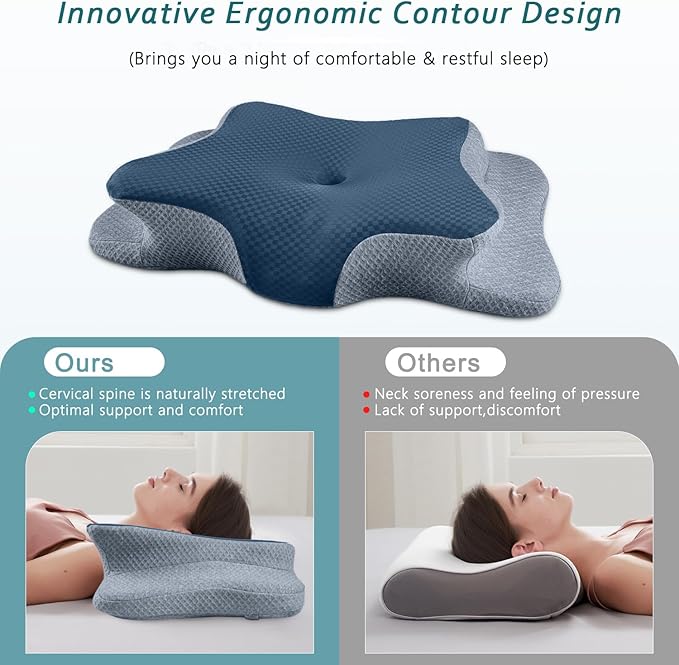 CHxxy Cervical Neck Pillow for Pain Relief Sleeping, Memory Foam Pillows, Ergonomic Side Sleeper Pillows, Cooling Orthopedic Neck Support Pillow for Back Stomach Sleepers-Queen Size Blue&Grey