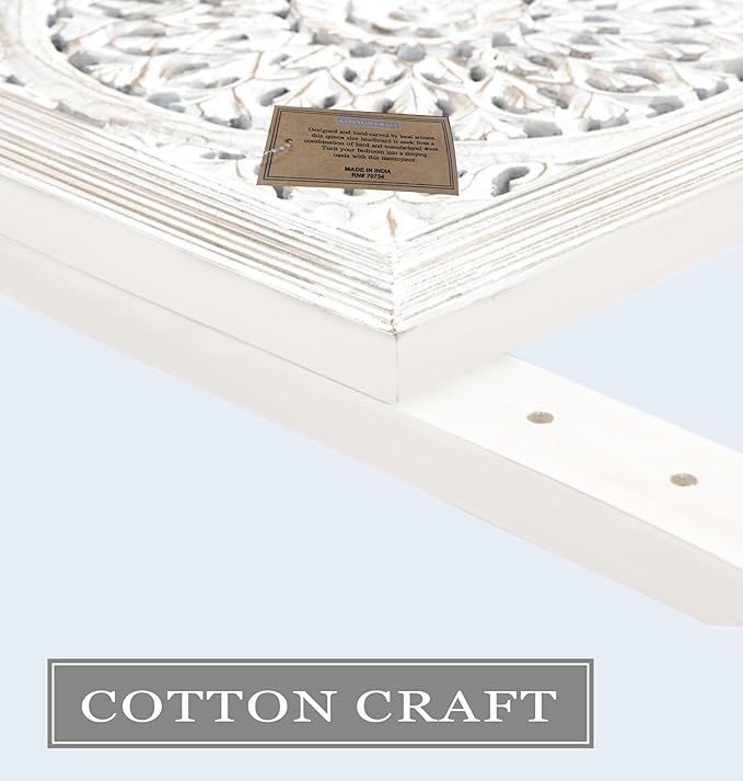 COTTON CRAFT Solid Wood Sturdy Queen Headboard - Compatible with All Bed Frames - Intricate Hand Carved Medallion Motif - Bohemian Transitional - Beautiful for Any Bedroom - Rustic Whitewash