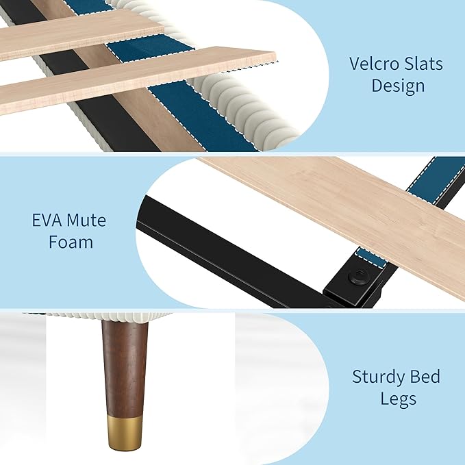 GarveeHome Twin Size Bed Frame with Upholstered Headboard and Strong Wooden Slats Support, Soft Corduroy Fabric Platform Bed, No Boxing Spring Needed, Easy Assembly, Beige