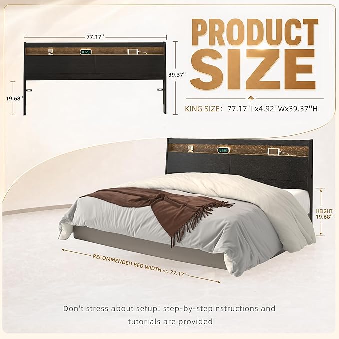 Wall Mount Wooden Headboard Only with Storage, Skirting Groove for Enhanced Stability, Built-in Power Outlet, 2 USB Ports & LED Light - Sturdy Stable Bed Backboard (Black, King (U.S. Standard))