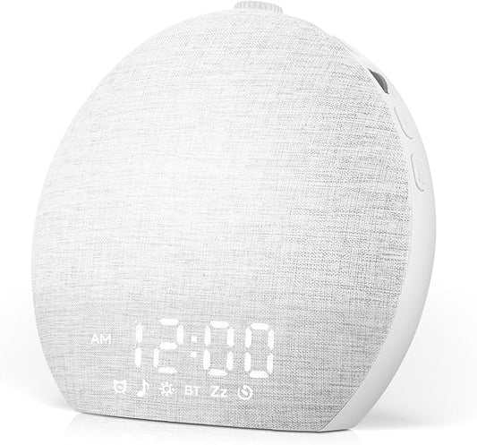Geuuap Sunrise Alarm Clock White Noise Sound Machine for Bedroom | Natural Wake-Up Light with 30 Soothing Sleep Aids, Bluetooth Speaker, Dimmable Clock, Screen-Free Design for Baby Adults Kids-White