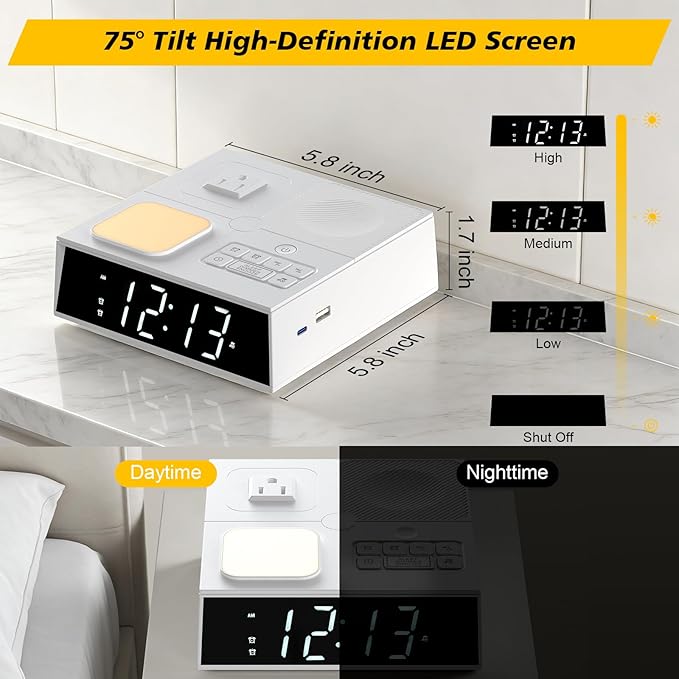 Kungfuking Sound Machine Alarm Clock with 41 White Noise Sounds, 2 USB Chargers Power Strip, Large Dimmable Display Dual Timer Clocks for Bedroom Dorm Hotel Room