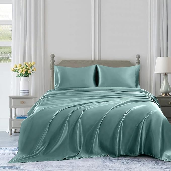 Homiest 3pcs Satin Sheets Set Luxury Silky Satin Bedding Set with Deep Pocket, 1 Fitted Sheet + 1 Flat Sheet + 1 Pillowcase (Twin Size, Greyish Green)