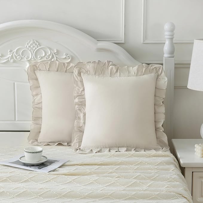 Merryword Beige Pillowcases 18x18 Throw Pillow Covers Pack of 2 Soft Microfiber Ruffle Decorative Pillowcase Cushion for Couch Sofa Bedroom
