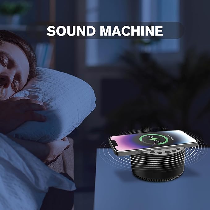 Sound Machine with Wireless Charger & Bluetooth Speaker – White Noise Sleep Aid with Memory Function, 6 Soothing Sounds, 3 Timer Modes – Compact Bedside Relaxation Device, Black