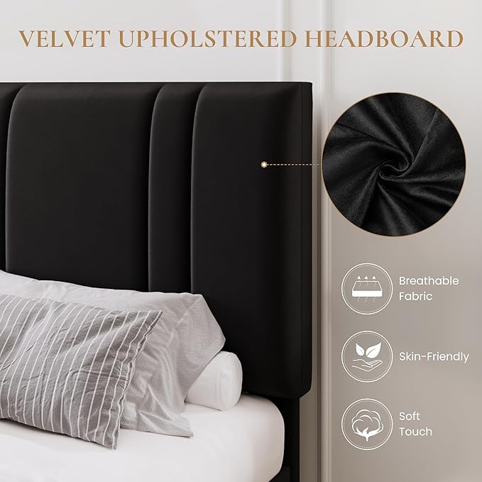 SHA CERLIN Queen Size Platform Bed Frame, Velvet Upholstered Bed with Adjustable Headboard, Vertical Channel Tufted Design, Sturdy Wood Slat Support, No Box Spring Needed, Easy Assembly, Black