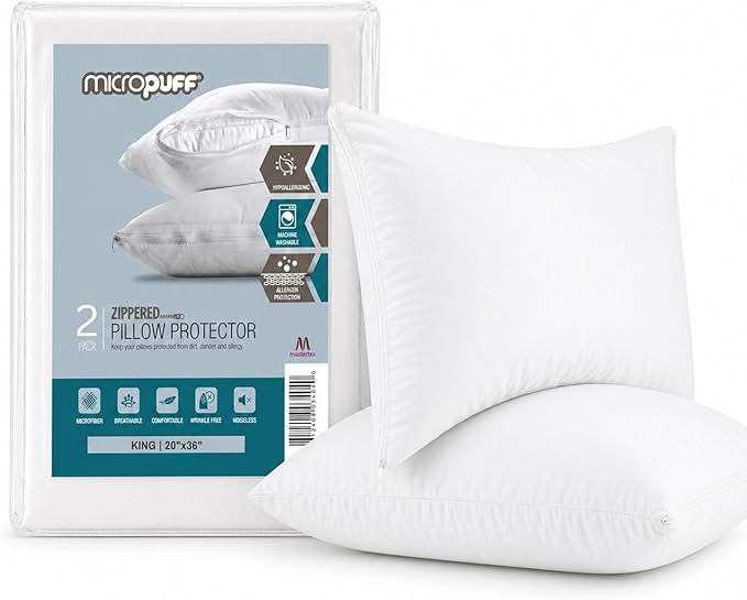 Micropuff King Size Pillow Protectors with Zipper - 2 Pack - Soft and Breatheable Pillow Cover. Pillowcase Protects Against Stains, Spills, and Perspiration.