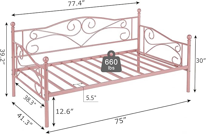 VECELO Daybed Frame, Twin Size Metal Platform Bed with Headboard,Heavy Duty Steel Slats Support for Living Room Bedroom Guest Room, Easy Assembly