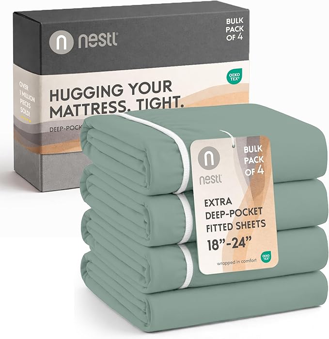 Nestl 4 Pack Sage Green Fitted Sheet Extra Deep Pocket, Hotel Luxury Twin XLFitted Sheet Only Easily Fits 18 to 24 Inch Mattress, Super Soft, Wrinkle-Free and Breathable with Corner Straps