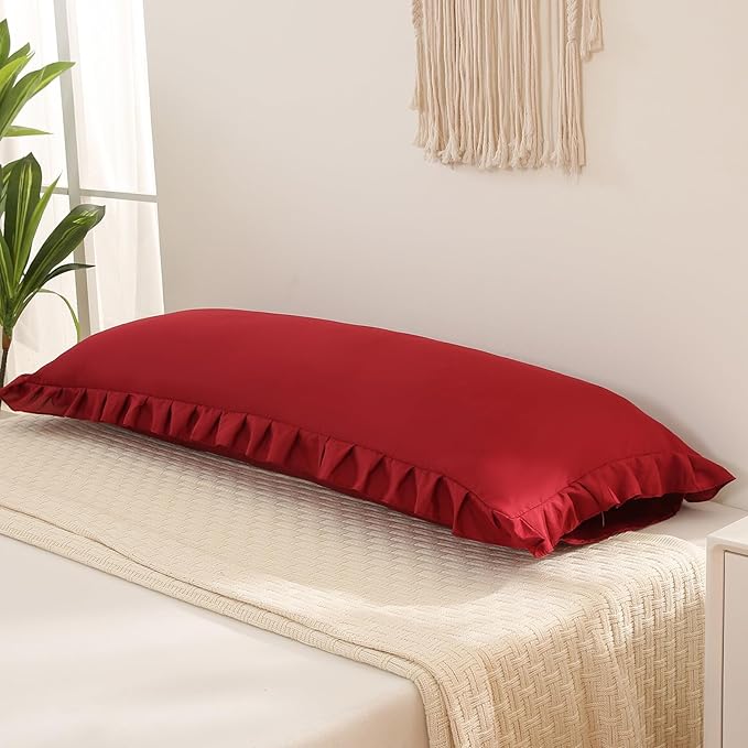 Burgundy Body Pillow Cover 20x54inches Long Pillowcase Ruffled Pillowcases Shabby Chic Ruffled Fringe Decor Body Ruffled Pillow Sham Cute Pillowcase (1 Body, Burgundy)
