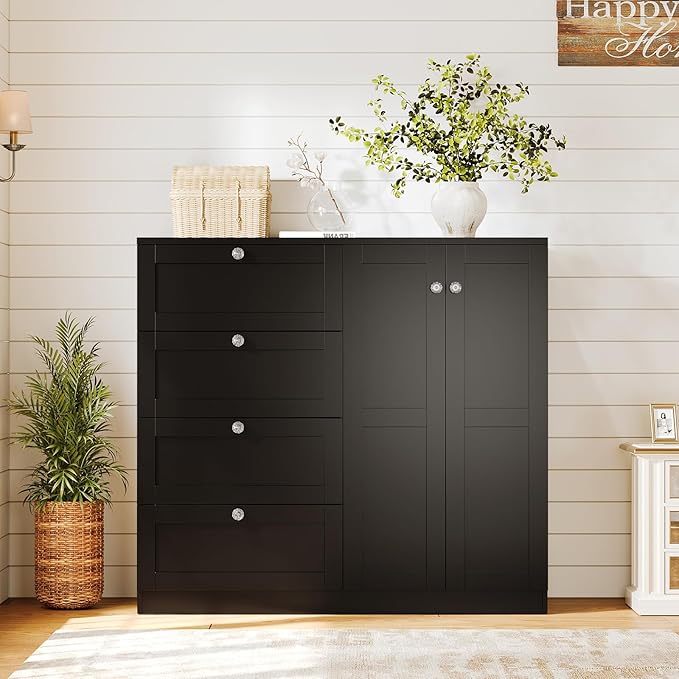 VOWNER Armoire Wardrobe Closet with 4 Drawers and 2 Doors, 43''H Clothing Storage Cabinet Dresser with Hanging Rod, Cothes Wardrobe for Bedroom, Baby Closet, Black